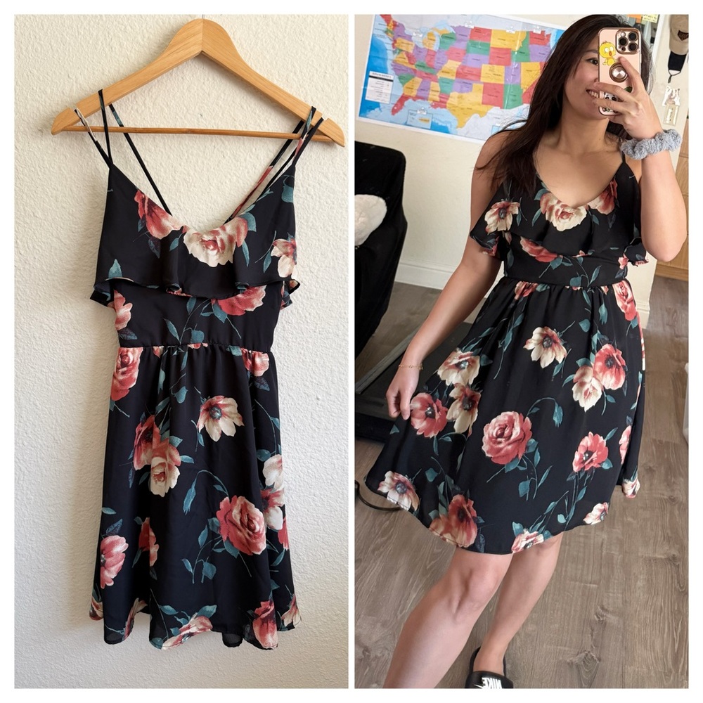 Xhilaration Floral Black Dress with Pink Roses-Size S